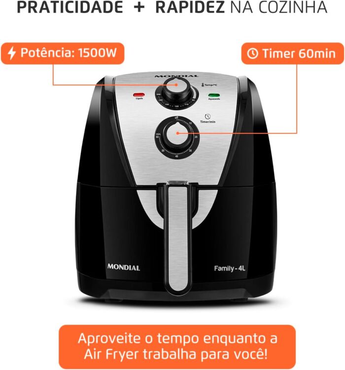 Fritadeira Sem Óleo Air Fryer 4L, Mondial, Preto/Inox, 1500W, 110V - AFN-40-BI - Image 4